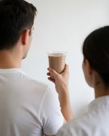 Un homme souriant tient un shake dans un gymnase avec un fond blanc, illustrant un client satisfait.