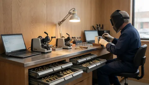 Un serrurier âgé travaille avec précision dans son atelier, utilisant des machines de coupe et des clés en bronze sur une table en bois clair.