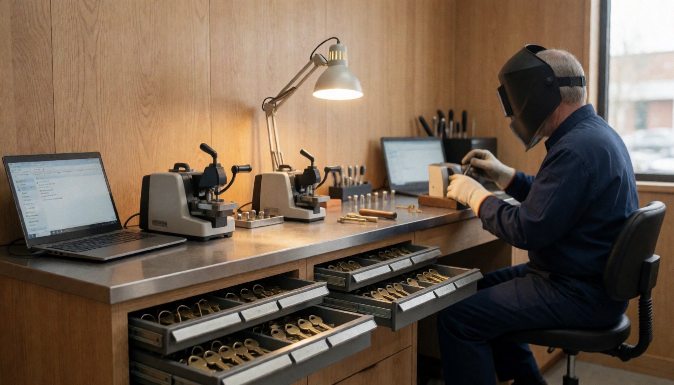 Un serrurier âgé travaille avec précision dans son atelier, utilisant des machines de coupe et des clés en bronze sur une table en bois clair.