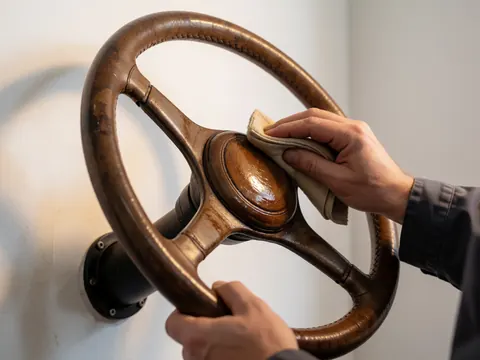 Une main applique un produit d'entretien sur un volant vintage à l'aide d'une serviette, sur fond blanc avec une lumière chaude, dans un contexte de lavage automobile.
