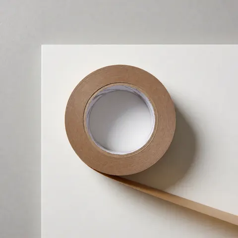 Rouleau de ruban adhésif marron posé sur une surface blanche avec un mur gris clair en arrière-plan et une lumière naturelle douce, idéal pour illustrer des produits de logistique et de transport.