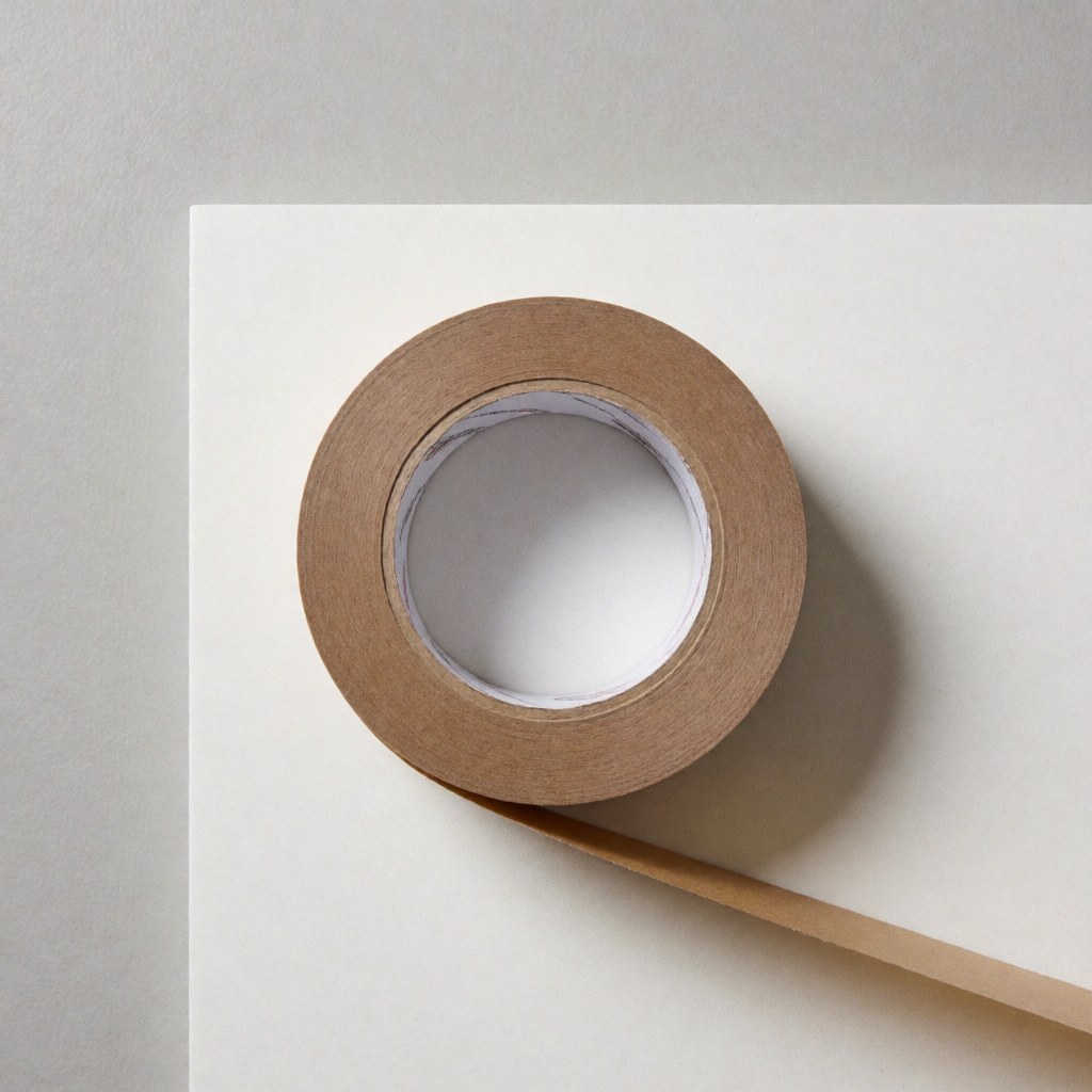 Rouleau de ruban adhésif marron posé sur une surface blanche avec un mur gris clair en arrière-plan et une lumière naturelle douce, idéal pour illustrer des produits de logistique et de transport.
