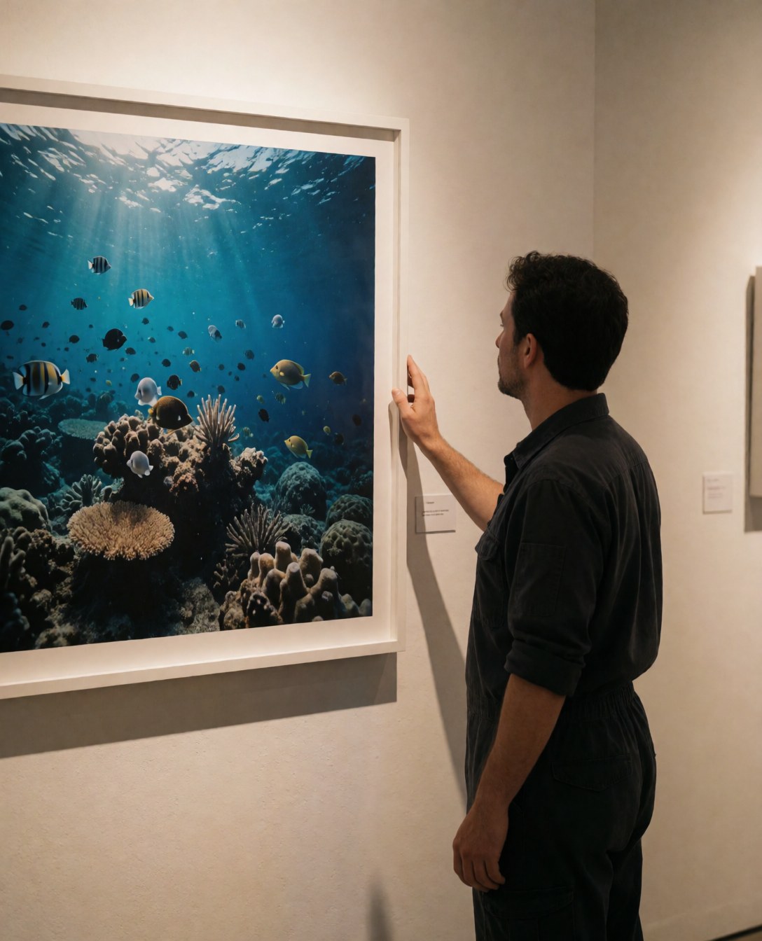 Un homme observe une grande photo sous-marine encadrée dans une galerie aux murs blancs et à l'éclairage chaleureux, idéale pour un photographe sous-marin.