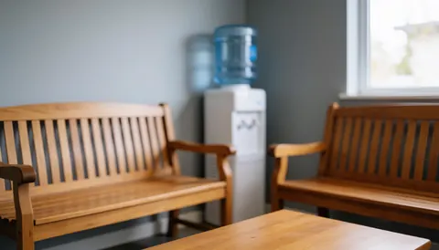 Salle d'attente intérieure avec bancs en bois, eau en bouteille, mur gris et fenêtre, offrant un fond neutre et professionnel pour du texte.