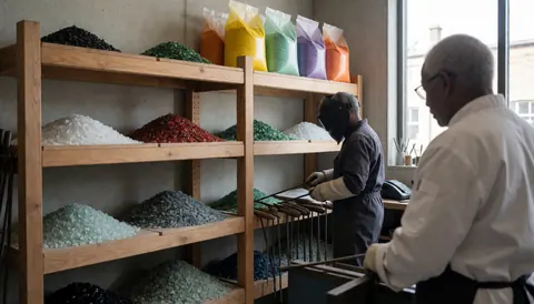 Un artisan travaille sous lumière naturelle dans un atelier de verrerie, entouré d'étagères en bois, de piles de verre cullet et de sacs de colorants.