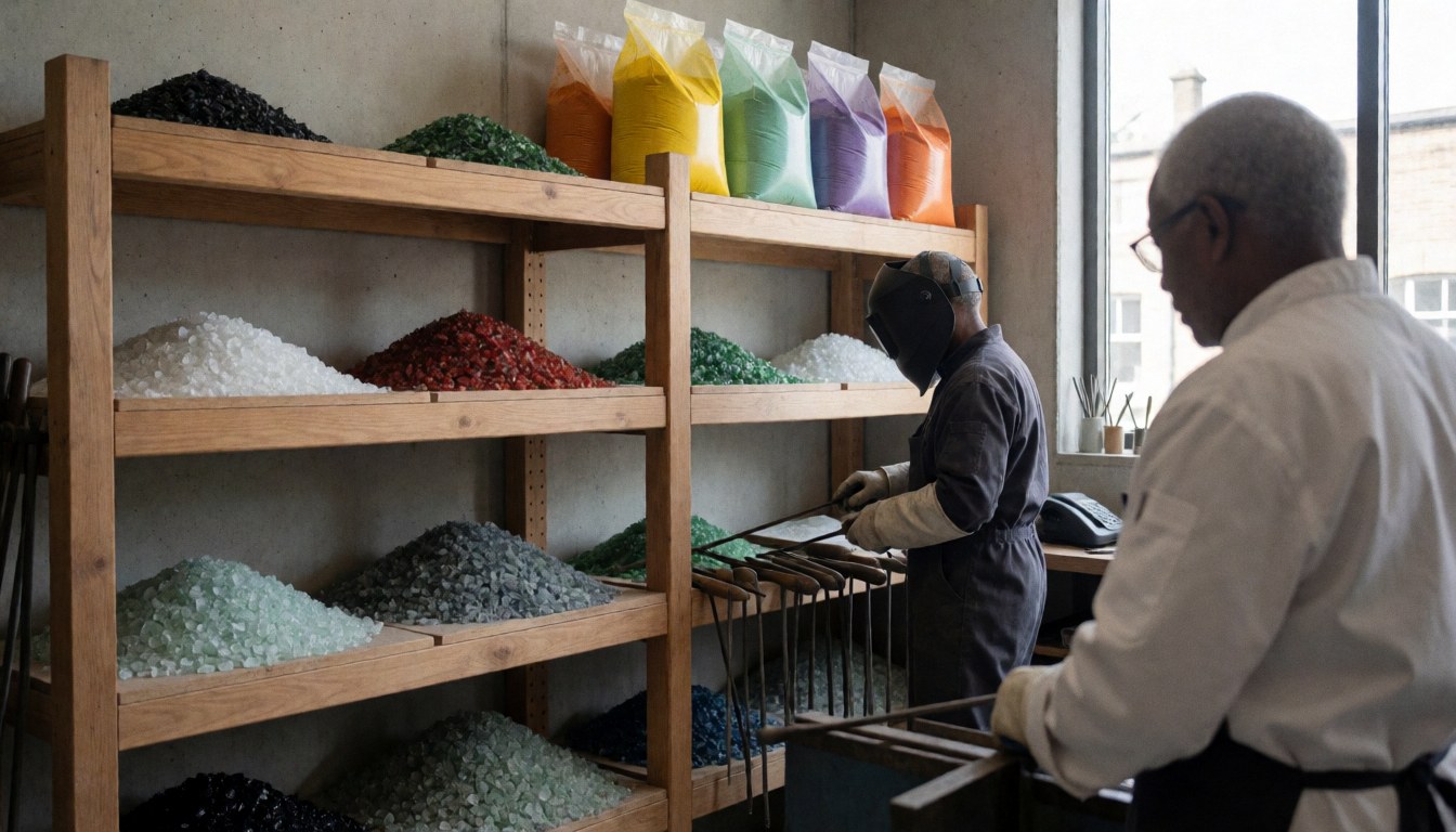 Un artisan travaille sous lumière naturelle dans un atelier de verrerie, entouré d'étagères en bois, de piles de verre cullet et de sacs de colorants.