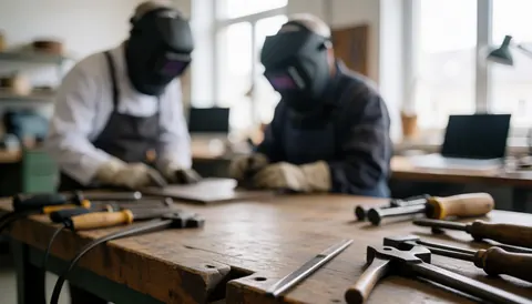 Fond d'atelier de menuiserie avec des outils métalliques et des soudeurs avec des casques flous, lumière naturelle par les fenêtres.