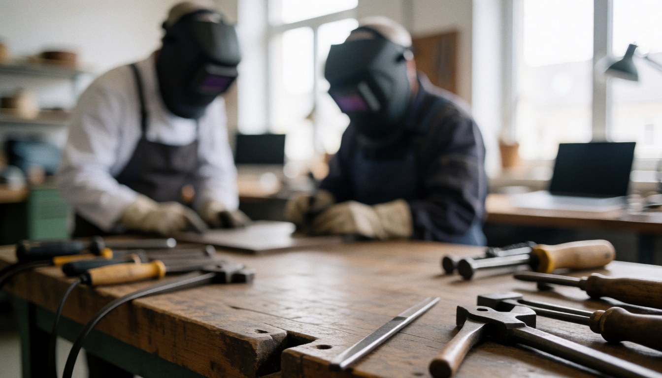 Fond d'atelier de menuiserie avec des outils métalliques et des soudeurs avec des casques flous, lumière naturelle par les fenêtres.