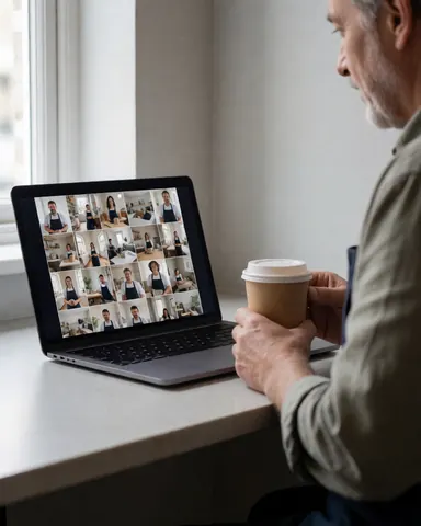 Photographe professionnel vérifiant ses clichés sur un ordinateur portable installé dans un café éclairé par la lumière naturelle avec des murs gris clair en arrière-plan.