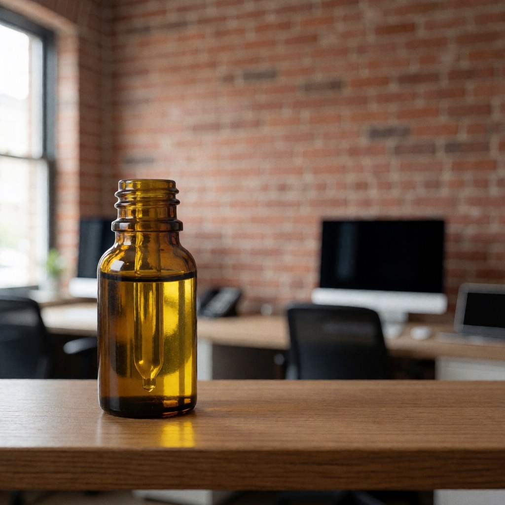 Bouteille en verre ambré contenant un liquide jaune posée sur un bureau en bois avec un mur de briques rouges en arrière-plan et une lumière naturelle.