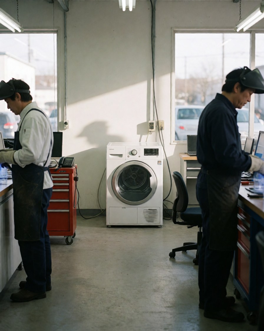 Deux techniciens travaillent sur une sécheuse blanche dans un atelier de réparation éclairé par la lumière naturelle avec des outils visibles.