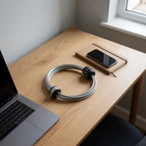 Cadenas de sécurité enroulé sur un bureau en bois clair, à côté d'un téléphone portable et d'un carnet, idéal pour les cyclistes en voyage.
