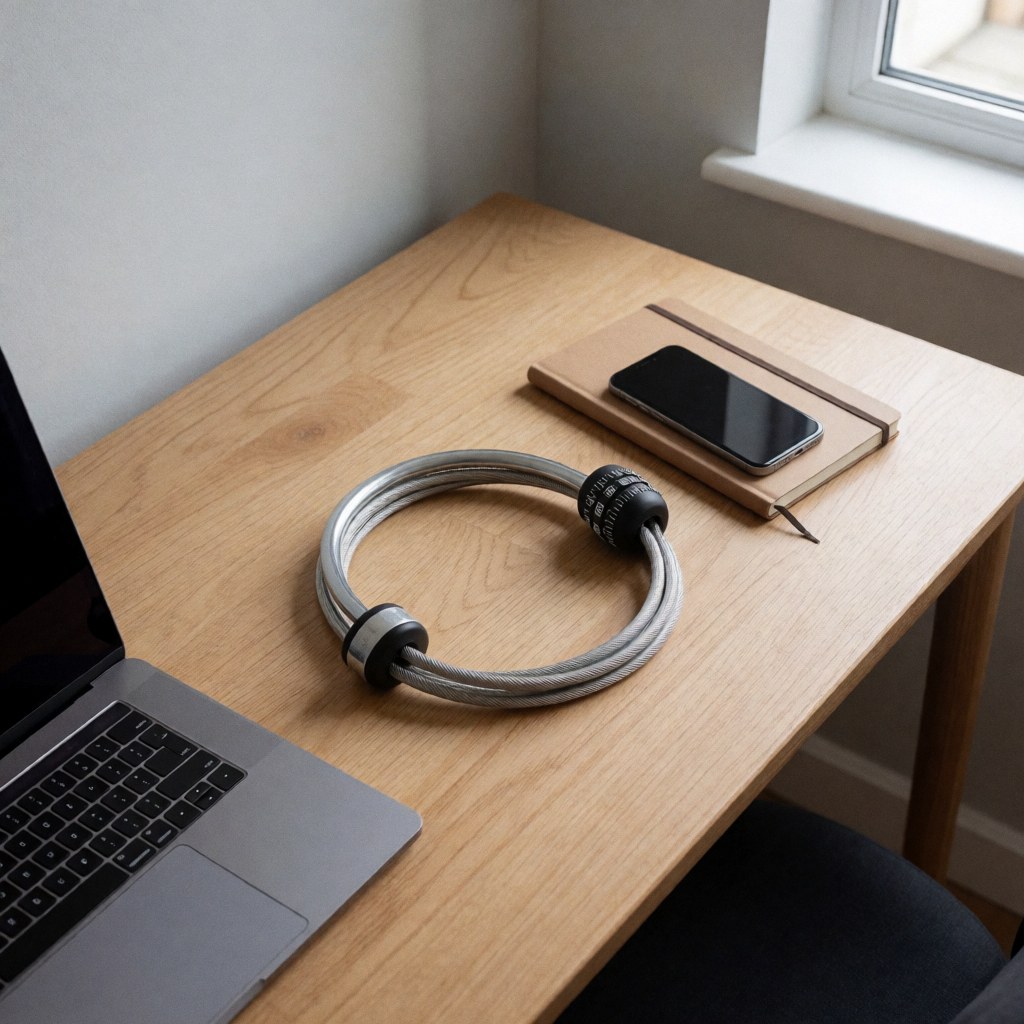 Cadenas de sécurité enroulé sur un bureau en bois clair, à côté d'un téléphone portable et d'un carnet, idéal pour les cyclistes en voyage.