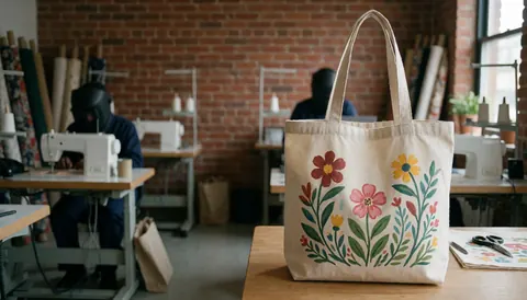 Sac tote avec un design floral en premier plan, des machines à coudre et un mur de briques en arrière-plan dans un atelier de couture.