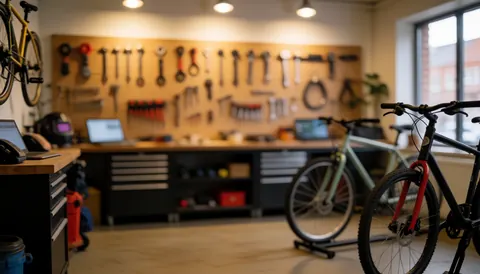 Atelier de réparation de vélos avec outils sur le mur, vélos sur des supports et des tables de travail, éclairage chaleureux et ambiance professionnelle.