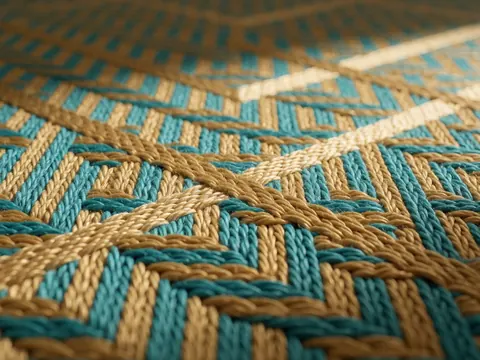 Gros plan sur une nappe de banquet à motif géométrique, révélant une texture visible de fils dorés et turquoise sous une lumière chaude.