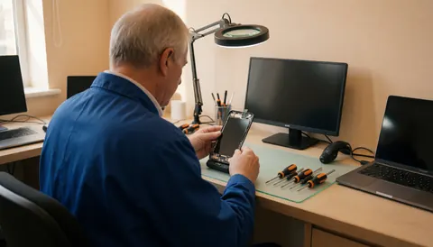Technicien en réparation électronique installe un nouvel écran LED sur un téléphone démonté, avec tournevis et loupe sur une table de travail ordonnée.