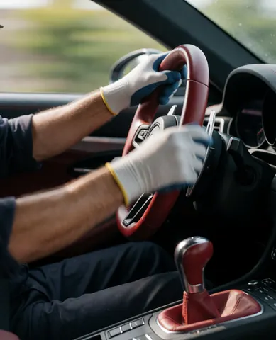 Gros plan sur des mains portant des gants de conduite manipulant les leviers de vitesses métalliques et le volant rouge d'un véhicule sportif.