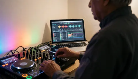 Un dj professionnel manipule un contrôleur connecté à un ordinateur portable affichant des ondes sonores sous des lumières de scène éclairant des murs clairs.