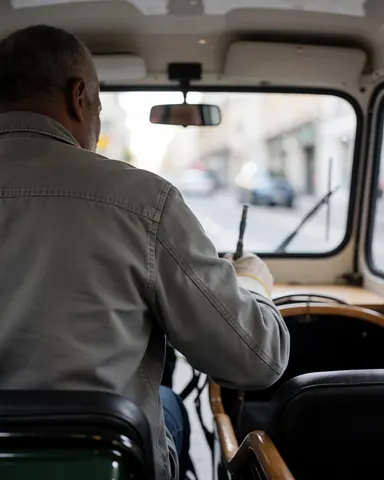 Vue arrière d'un conducteur de moto-taxi dans son véhicule, portant un gant et tenant un outil, sur une rue urbaine.