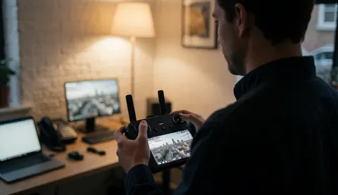 Un vidéaste professionnel utilise une télécommande de drone dans un bureau avec vue sur la ville, mur en briques blanches et éclairage chaleureux.