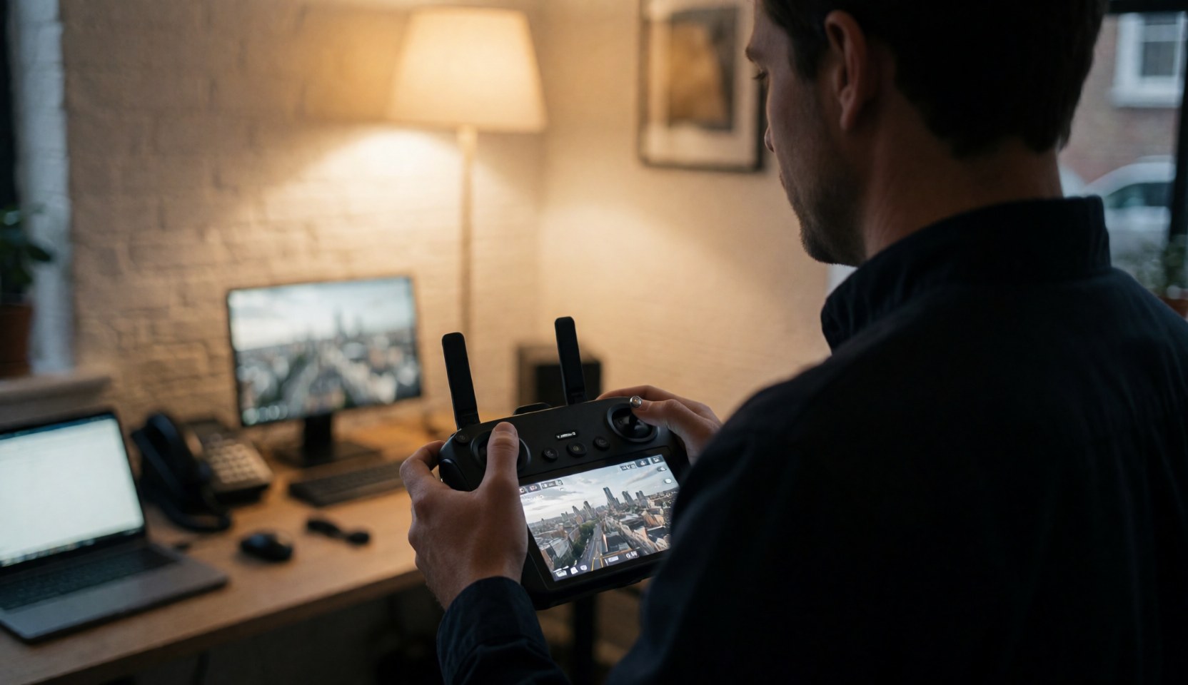 Un vidéaste professionnel utilise une télécommande de drone dans un bureau avec vue sur la ville, mur en briques blanches et éclairage chaleureux.