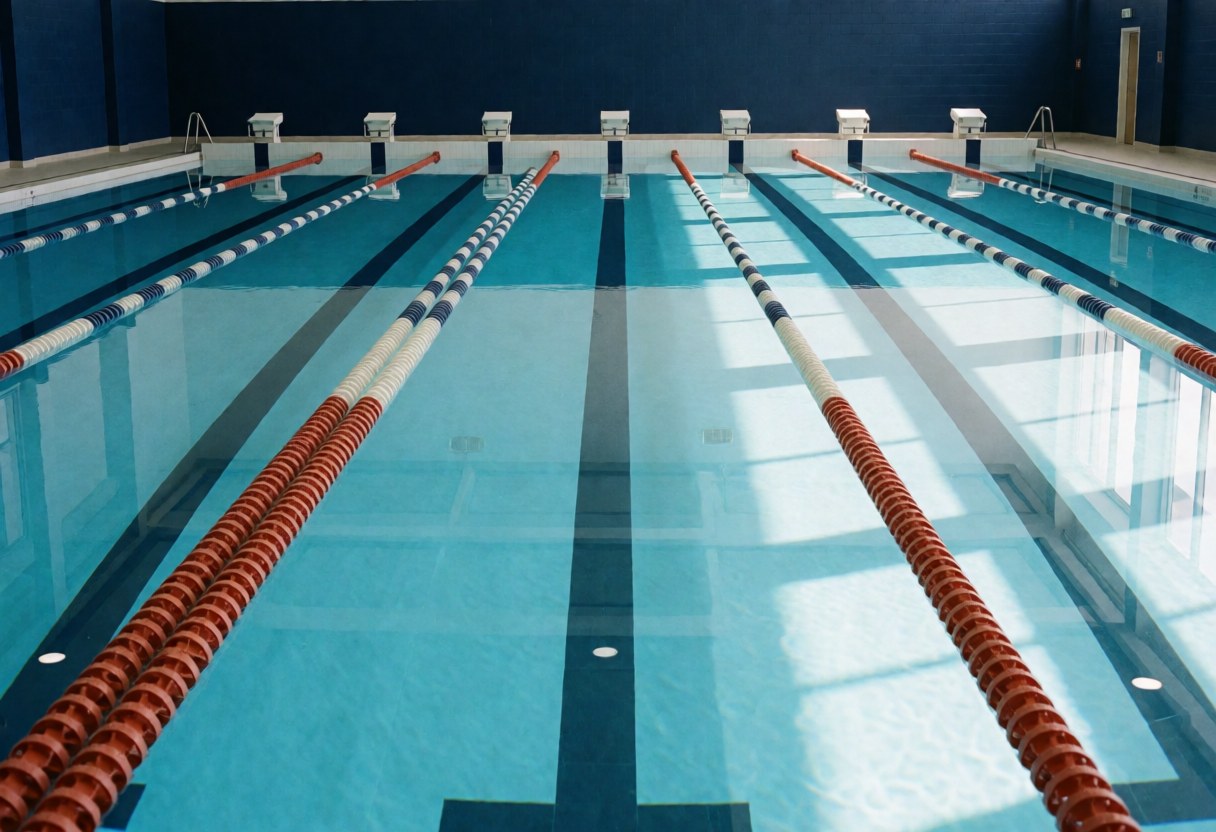 Vue d'une piscine publique intérieure avec des couloirs de natation, des blocs de départ et des murs bleus, prête pour l'entraînement.