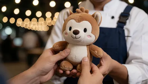 Mascotte en peluche d'un parc d'attractions tenue par des mains, avec un éclairage chaleureux en arrière-plan, idéale pour une boutique de souvenirs.