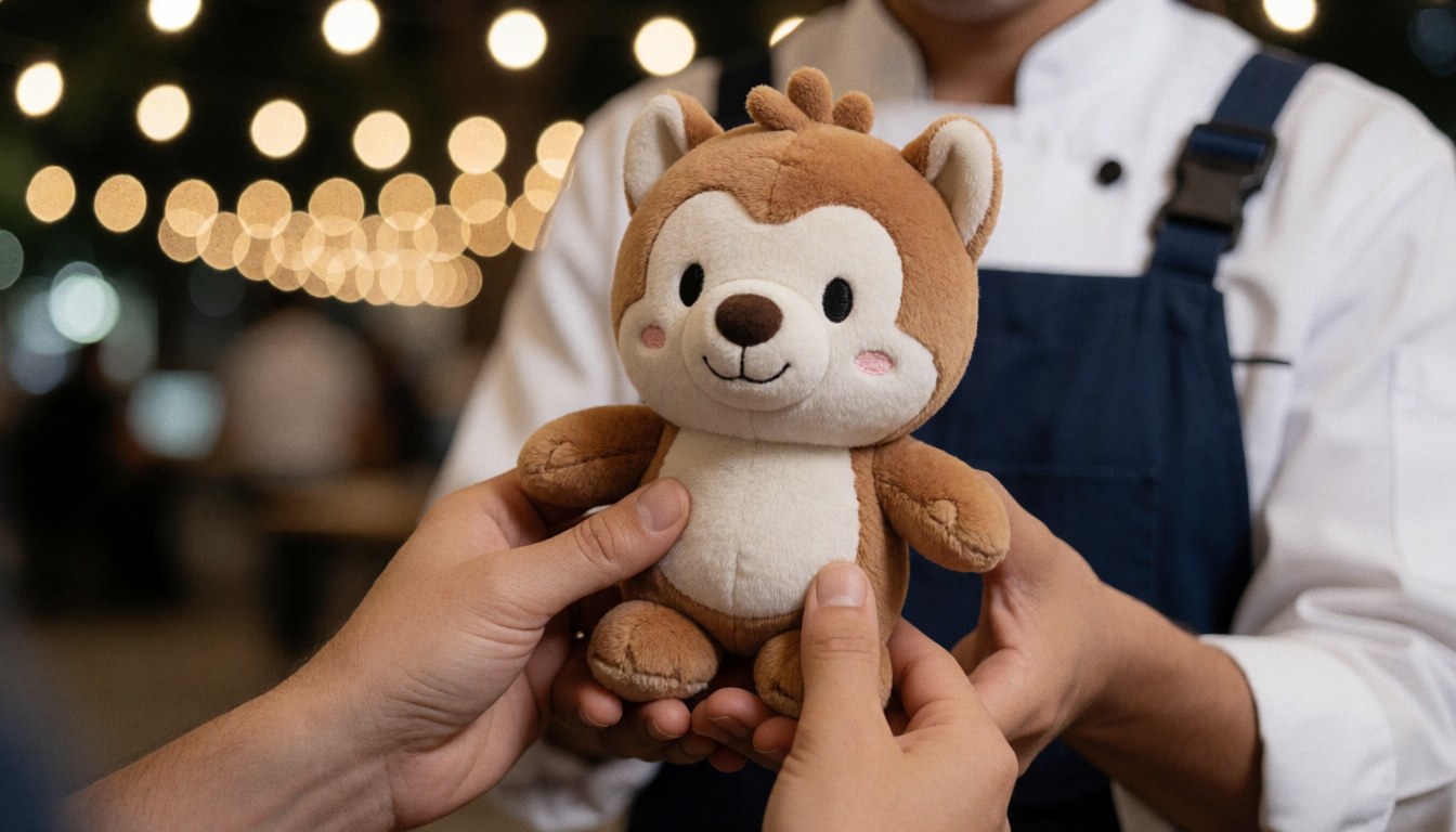 Mascotte en peluche d'un parc d'attractions tenue par des mains, avec un éclairage chaleureux en arrière-plan, idéale pour une boutique de souvenirs.
