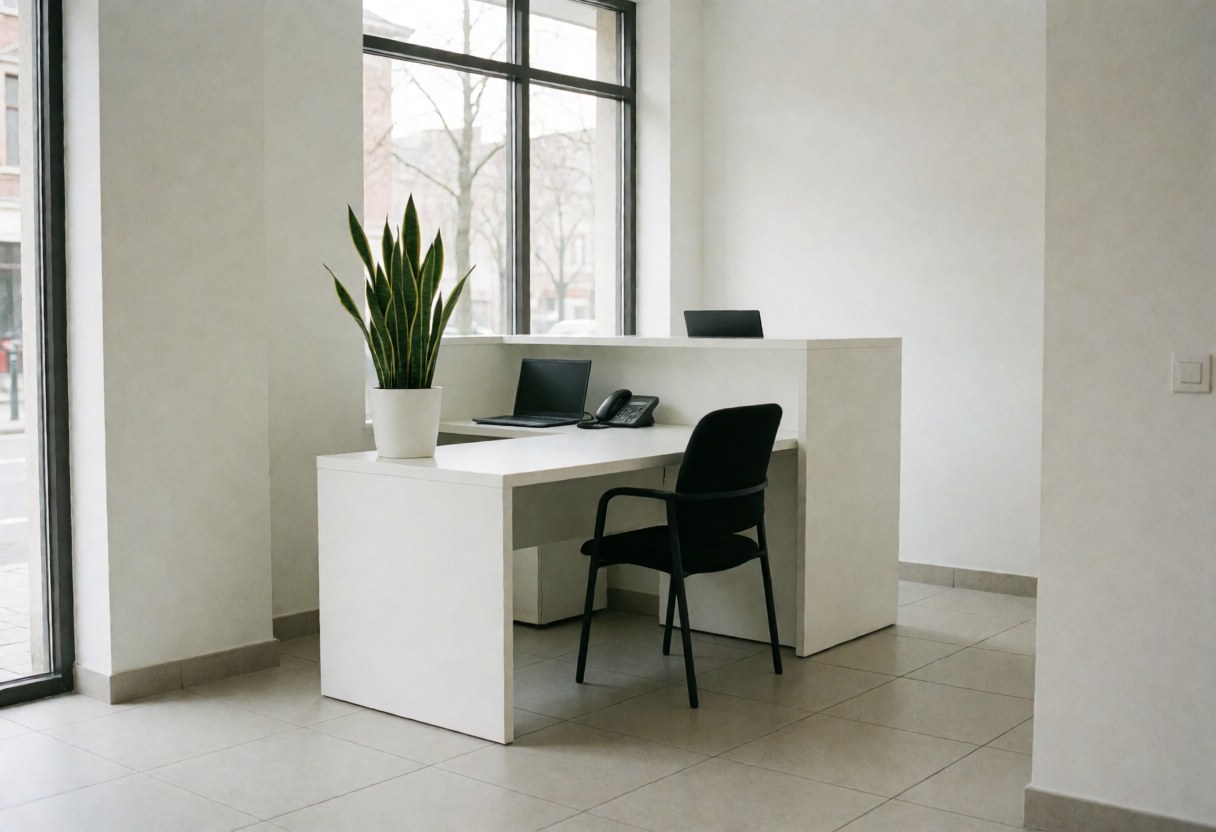Réception sportive moderne avec bureau blanc, chaise noire, plante et fenêtre avec lumière naturelle.