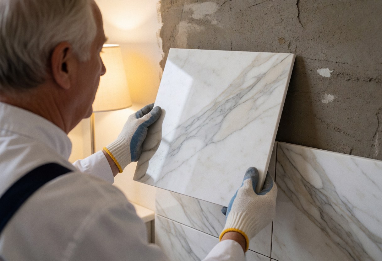 Un carreleur professionnel pose un carreau de marbre blanc et gris sur un mur de ciment dans un bain en construction, portant des gants sous une lumière chaude.