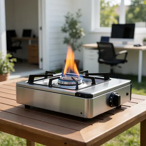 Réchaud portable en acier inoxydable allumé sur une table en bois extérieur, avec une flamme bleue visible, idéal pour cuisiner en camping.