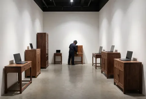 Un artisan ajuste un meuble en bois dans une boutique avec murs blancs, sol en béton poli et éclairage industriel.
