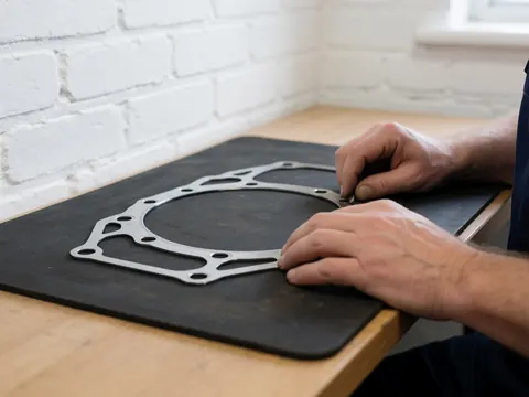 Joint métallique percé posé sur une surface noire. Mains travaillant dans un atelier avec un mur en briques blanches en arrière-plan.