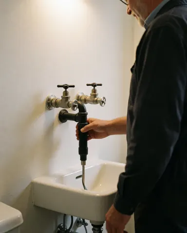 Plombier en train de déboucher un robinet de salle de bain avec un furet, l'eau s'écoulant, scène réaliste de service de plomberie en action.