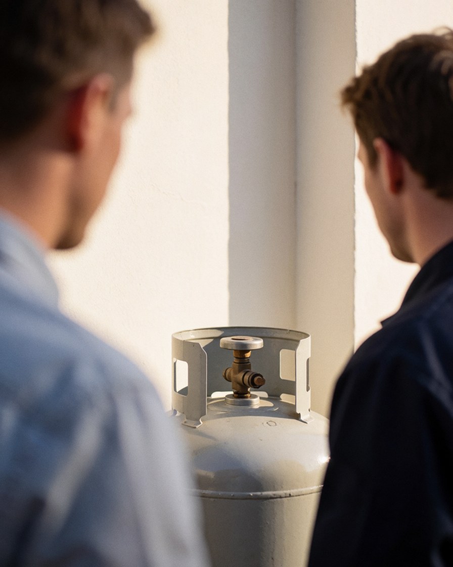 Deux professionnels vérifient un réservoir de gaz dans une cour extérieure avec un mur blanc et une lumière de coucher de soleil.