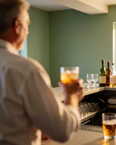 Une cliente souriante tient une boisson dans un bar aux murs verts, avec des bouteilles et des verres visibles, créant une ambiance chaleureuse.