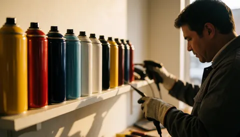 Un peintre travaille avec des aérosols de peinture dans un atelier aux murs blancs et à la lumière chaude, illustrant un service de peinture automobile en action.