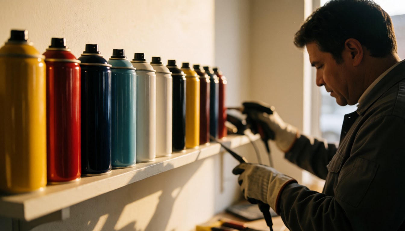 Un peintre travaille avec des aérosols de peinture dans un atelier aux murs blancs et à la lumière chaude, illustrant un service de peinture automobile en action.