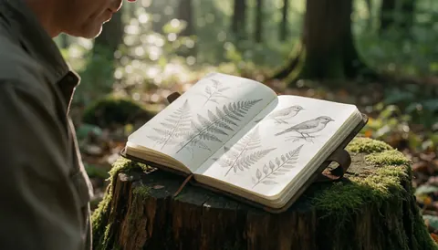 Cahier de croquis posé sur une souche couverte de mousse dans un environnement forestier naturel avec une personne de profil travaillant en extérieur