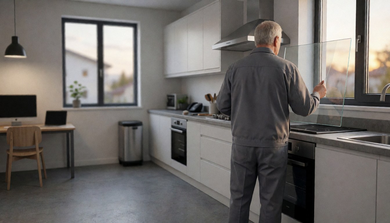 Un technicien installe un écran transparent en verre céramique sur une cuisinière dans une cuisine moderne éclairée par la lumière du coucher de soleil.