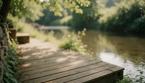 Passerelle rustique en bois près d'une rivière paisible entourée de végétation verte, idéale pour illustrer le tourisme rural.