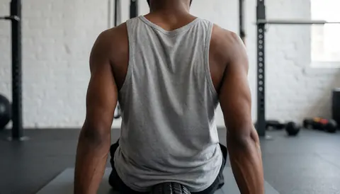 Dos d'une personne utilisant un rouleau de mousse sur un tapis dans une salle de sport avec des murs en briques blanches, idéal pour un entraîneur de crossfit.