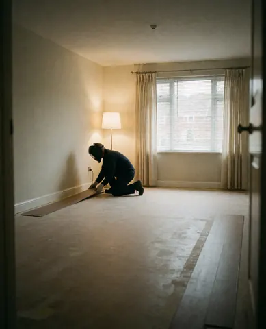 Un professionnel installe un revêtement de sol en vinyle dans un intérieur lumineux aux murs clairs, illustrant un service de rénovation.
