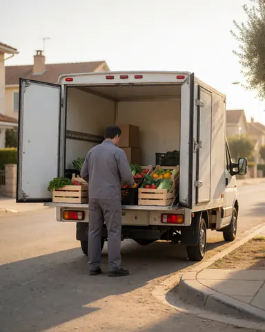 Un employé organise des caisses de légumes frais dans le dos d'un camion blanc stationné dans une rue résidentielle au coucher du soleil, idéal pour une entreprise de distribution alimentaire.