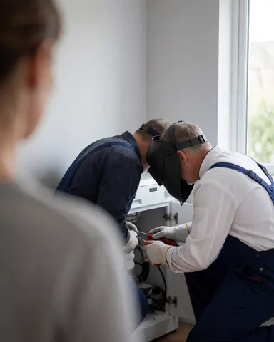Deux techniciens en gants réparent la plomberie d'un lave-linge sous le regard d'un client dans une cuisine éclairée par la lumière naturelle.