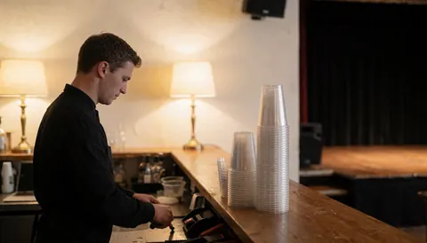 Comptoir en bois avec des gobelets empilés, employé au travail, scène et rideaux noirs en arrière-plan, idéal pour un centre de spectacles.