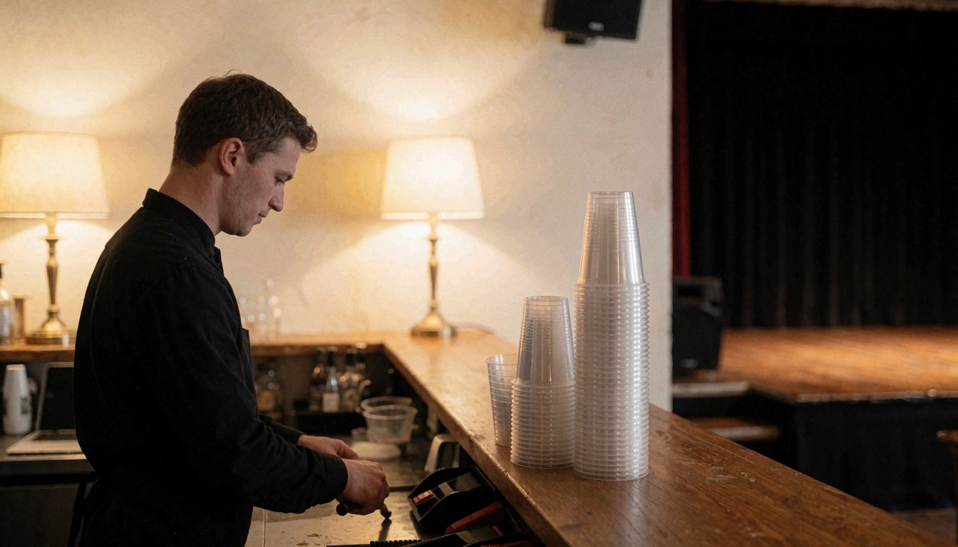 Comptoir en bois avec des gobelets empilés, employé au travail, scène et rideaux noirs en arrière-plan, idéal pour un centre de spectacles.