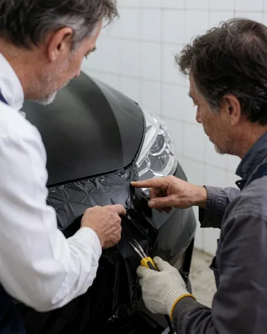 Un client examine un film vinyle noir appliqué sur le capot d'une voiture. Un professionnel ajuste le matériau avec un outil dans un atelier aux murs carrelés blancs.