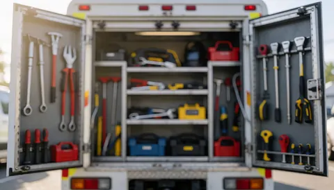 Coffre à outils de maintenance HVAC contenant des outils bien rangés, servant de fond pour des textes sur la réparation de chauffage.